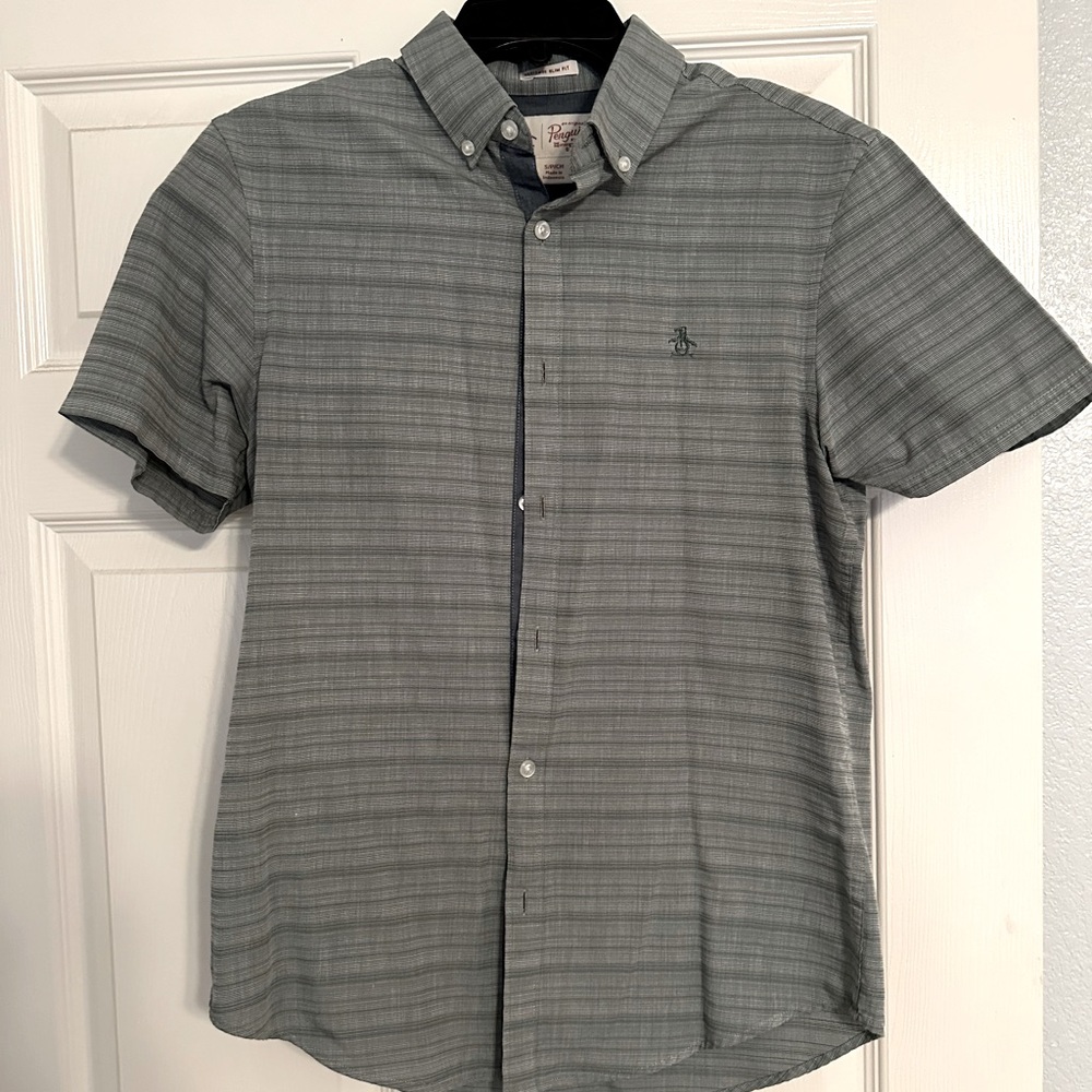 Men’s Original Penguin Slim Fit Short Sleeve Button Down Front Shirt Green Small
